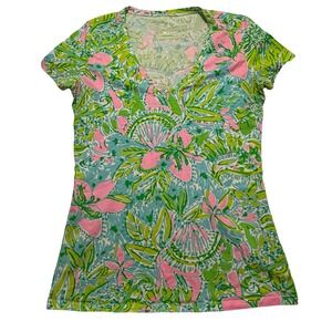 Lilly Pulitzer Womens XS V-Neck T-Shirt Pink Green Floral Paisley Cotton Blend